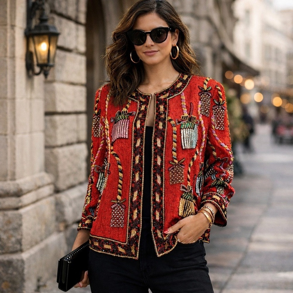 Vtg.Scala Beaded Silk Jacket Womens 1X Holiday Gift Motiff Evening Art Deco Glam